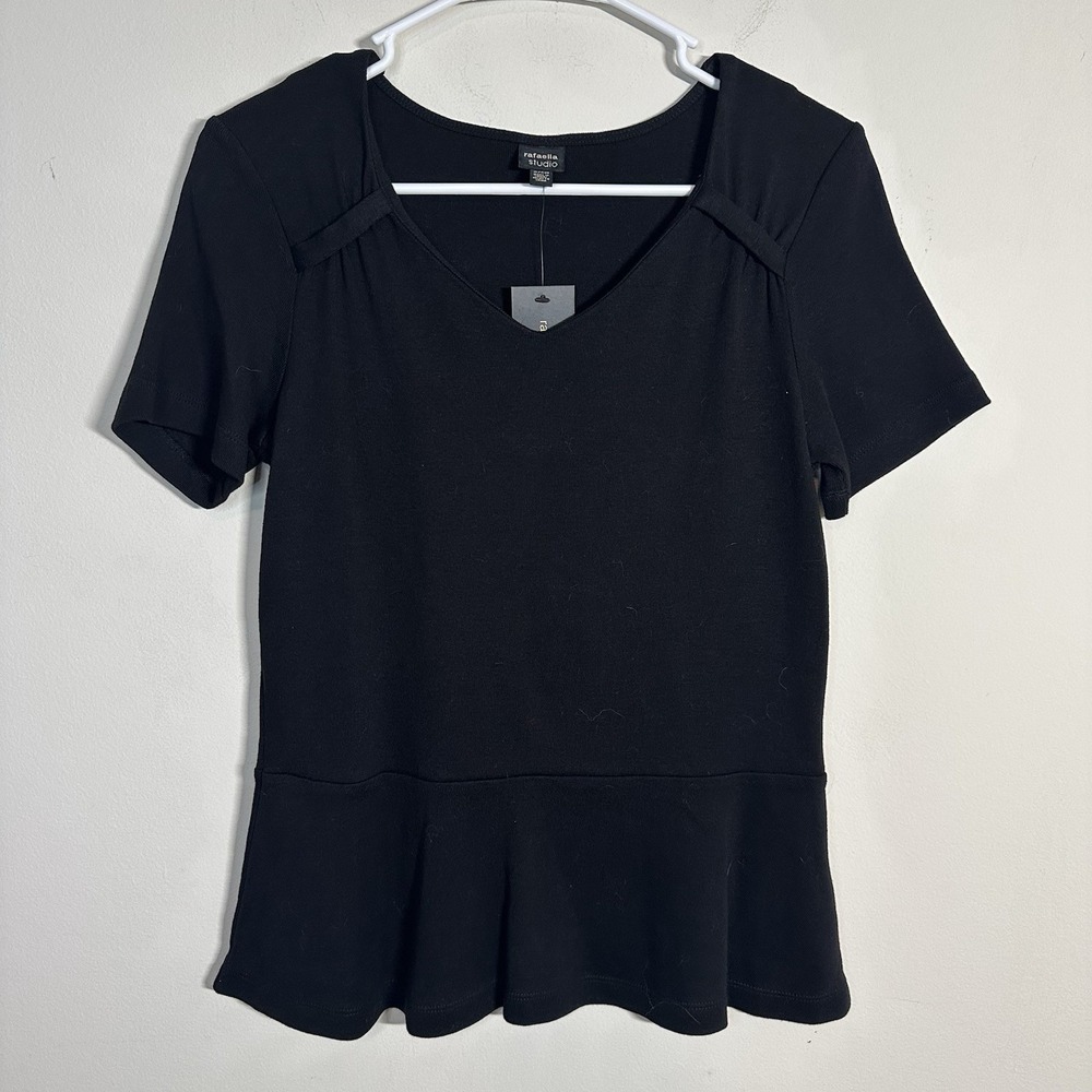 Rafaella Women's V-Neck Peplum Knit Top Black Small NWT 100% Cotton Short Sleeve